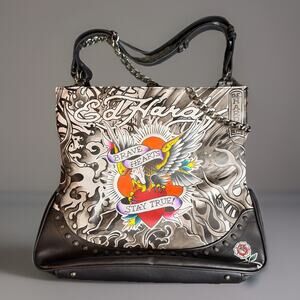 ED HARDY TATTOO BURNING HEART BALD EAGEL LARGE FAUX LEATHER TOTE BAG 14”x15”x5”